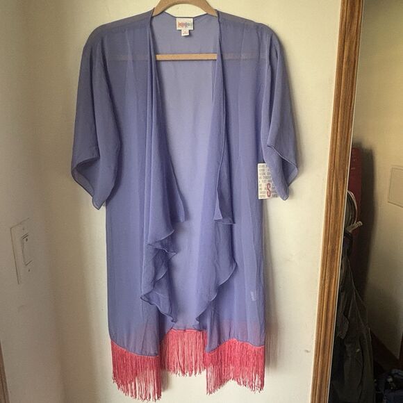 LuLaRoe NWT Monroe Sm Kimono Solid Lavender W/Salmon Friend Women Sheer Cover Up - Picture 2 of 12